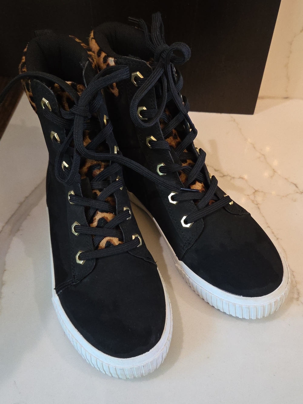Black High-Top Women's Sneaker with Leopard Trim